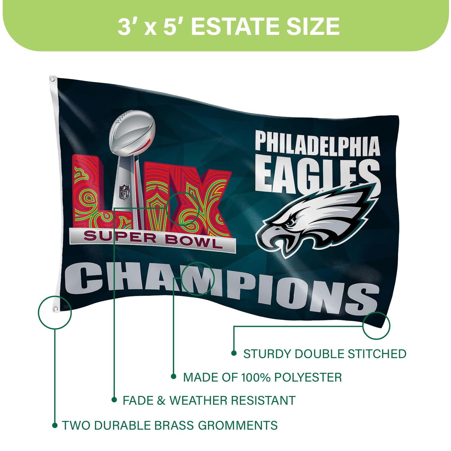 NFL Philadelphia Eagles 2025 Superbowl 59 Championship, 3 x 5 Outdoor Durable Flag with Grommets, Heavy Duty Flag & Banner for Outdoor Garden Patio Decoration, Indoor Wall Decor for Room, Works with Flag Poles for Outside House - Image 3