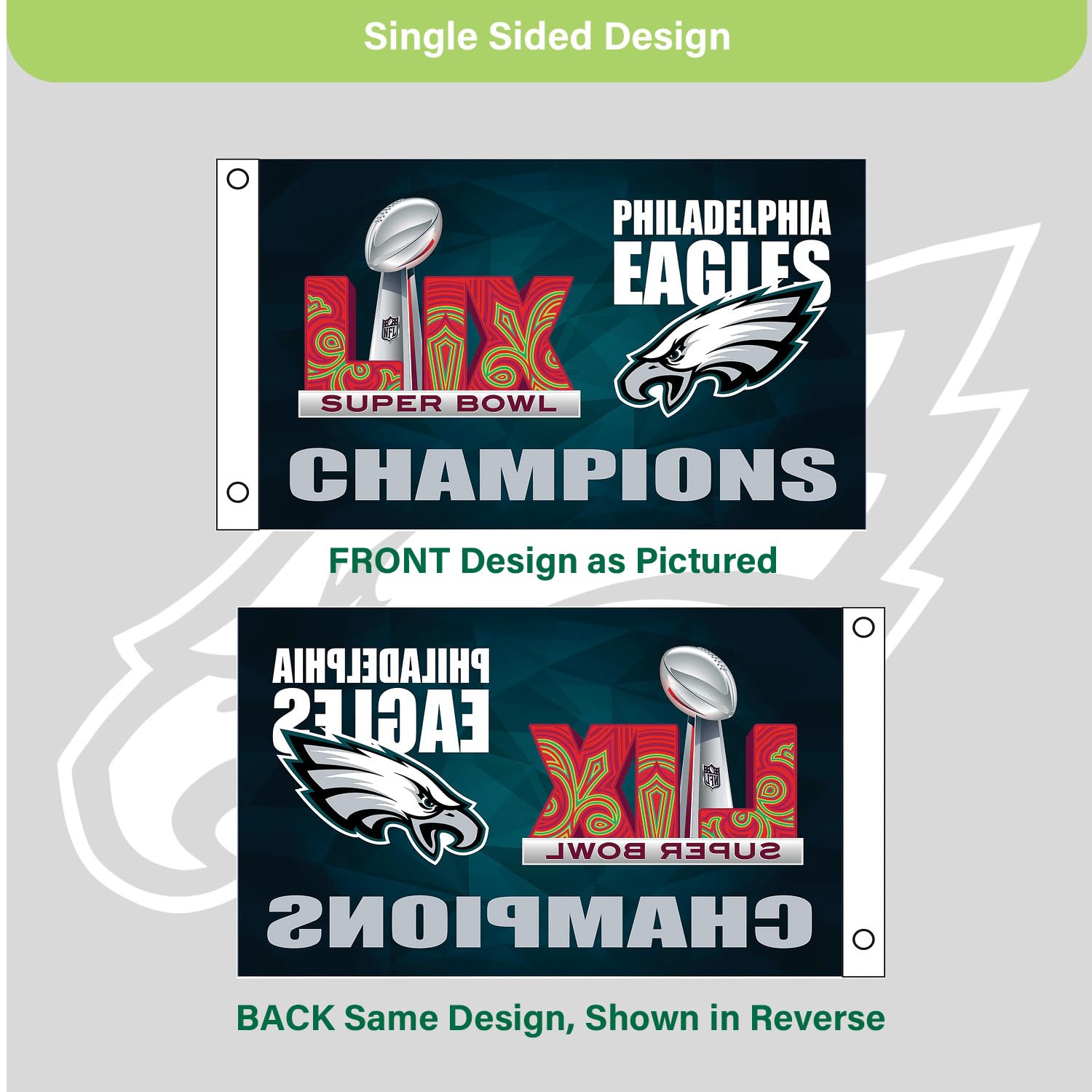 NFL Philadelphia Eagles 2025 Superbowl 59 Championship, 3 x 5 Outdoor Durable Flag with Grommets, Heavy Duty Flag & Banner for Outdoor Garden Patio Decoration, Indoor Wall Decor for Room, Works with Flag Poles for Outside House - Image 5