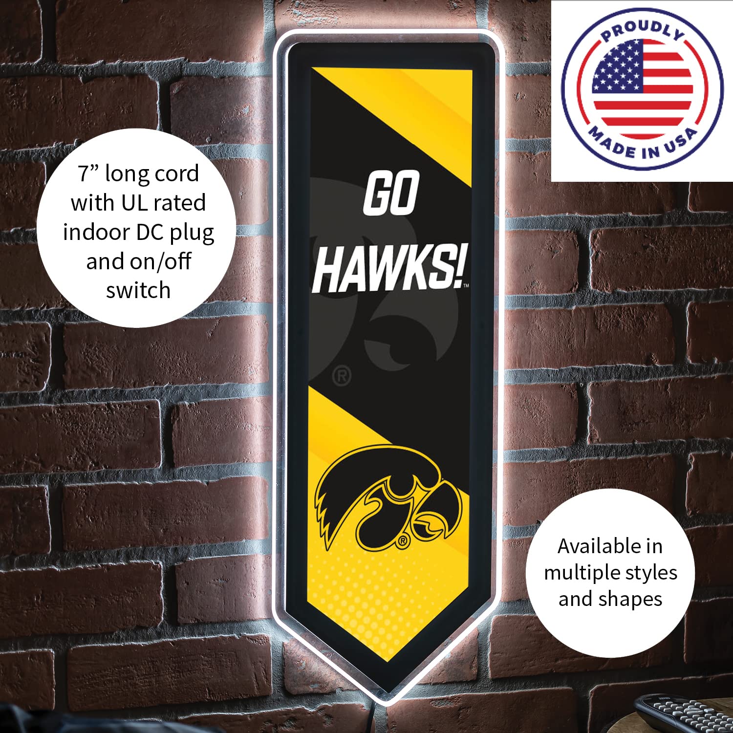 Team Sports America Evergreen NCAA University of Iowa | Ultra-Thin LED Light Wall Sign Decor | Large Pennant Banner | 9 x 23 Inches | Made in the USA - Image 5