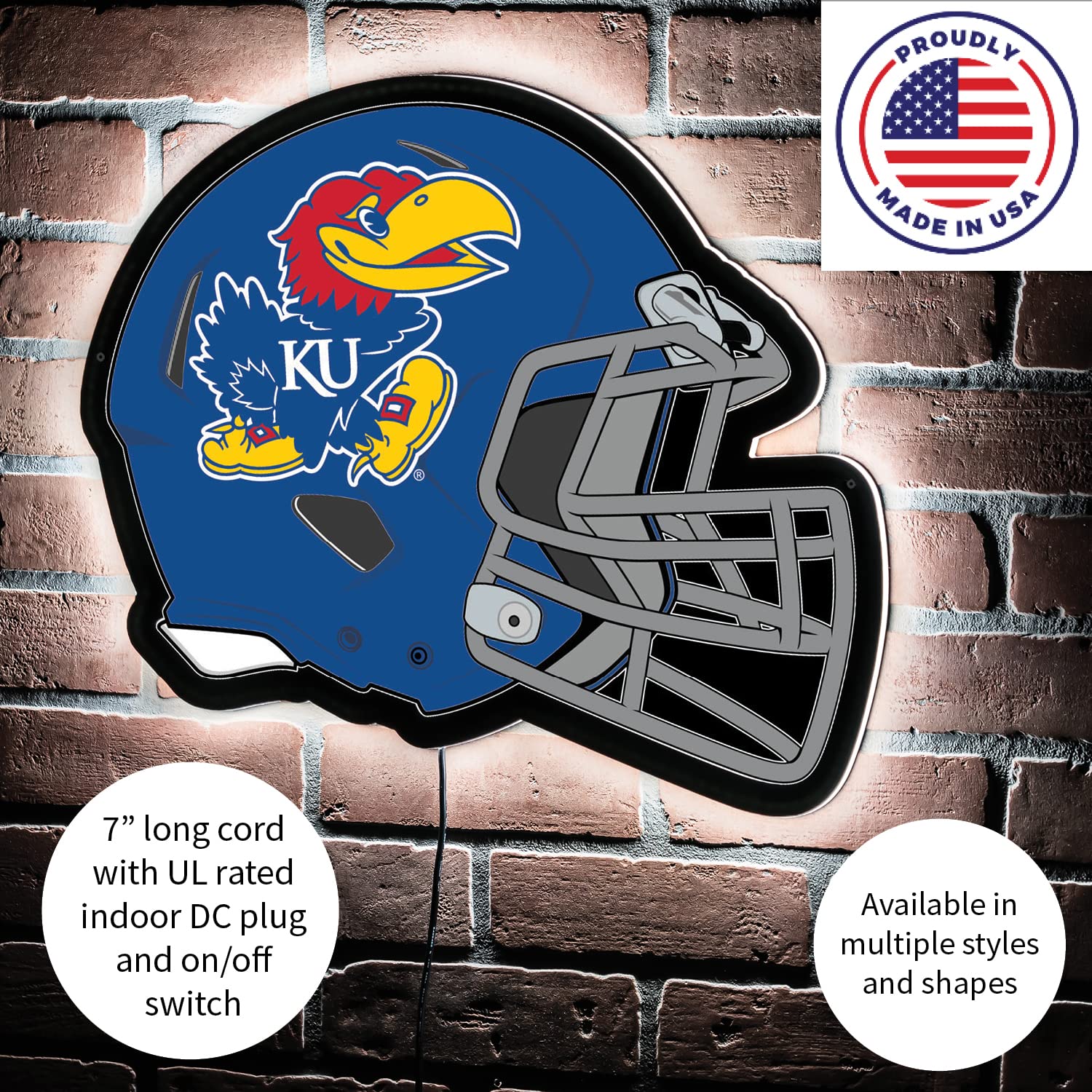 Team Sports America Evergreen NCAA University of Kansas Ultra-Thin LED Light Wall Sign Décor | Full Size Replica Helmet | - 19.5 x 15 Inches | Made in USA - Image 5