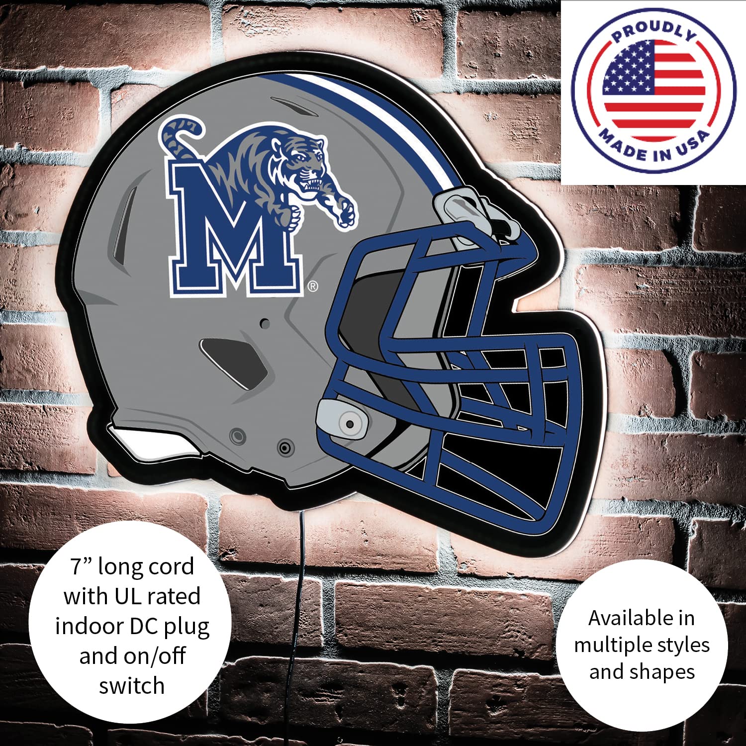 Team Sports America Evergreen NCAA University of Memphis Ultra-Thin LED Light Wall Sign Decor | Full Size Replica Helmet | 19.5 x 15 Inches | Made in the USA - Image 5