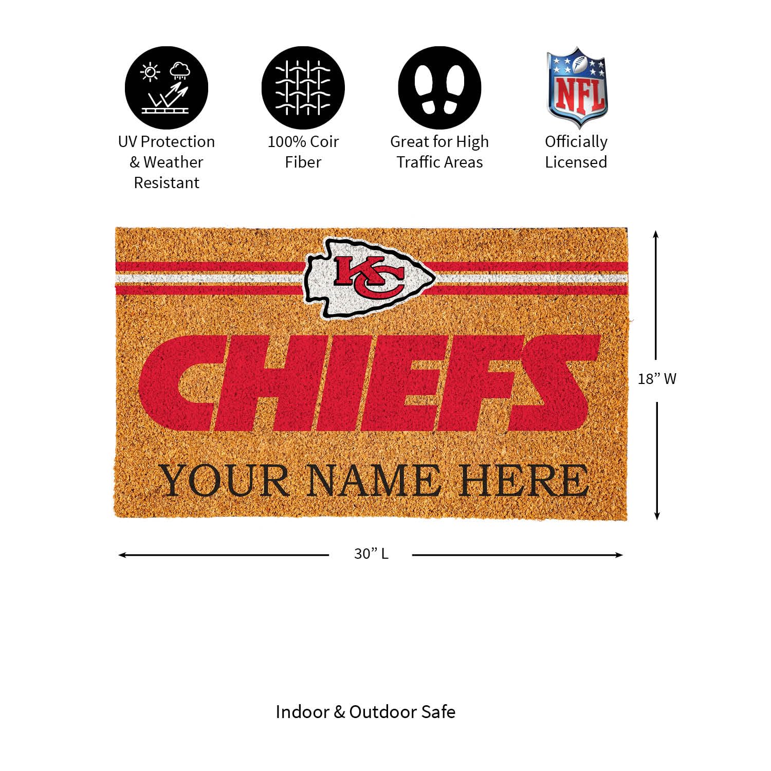 Team Sports America NFL Kansas City Chiefs Personalized Coir Door Mat, 18 x 30 Inches Custom Name Doormat with Non Slip Back, Front Door Welcome Mats - Image 3
