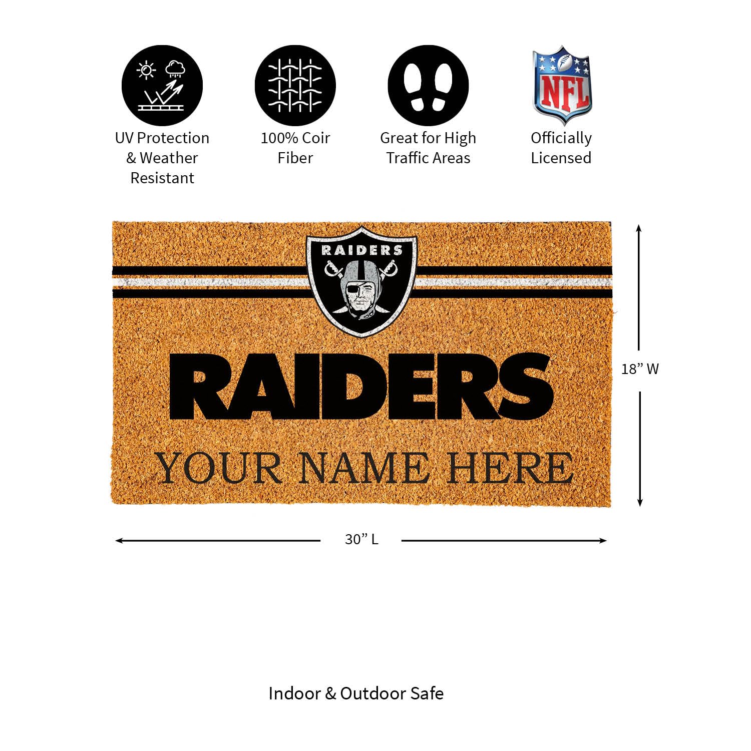 Team Sports America NFL Las Vegas Raiders Personalized Coir Door Mat, 18 x 30 Inches Custom Name Doormat with Non Slip Back, Front Door Welcome Mats - Image 3
