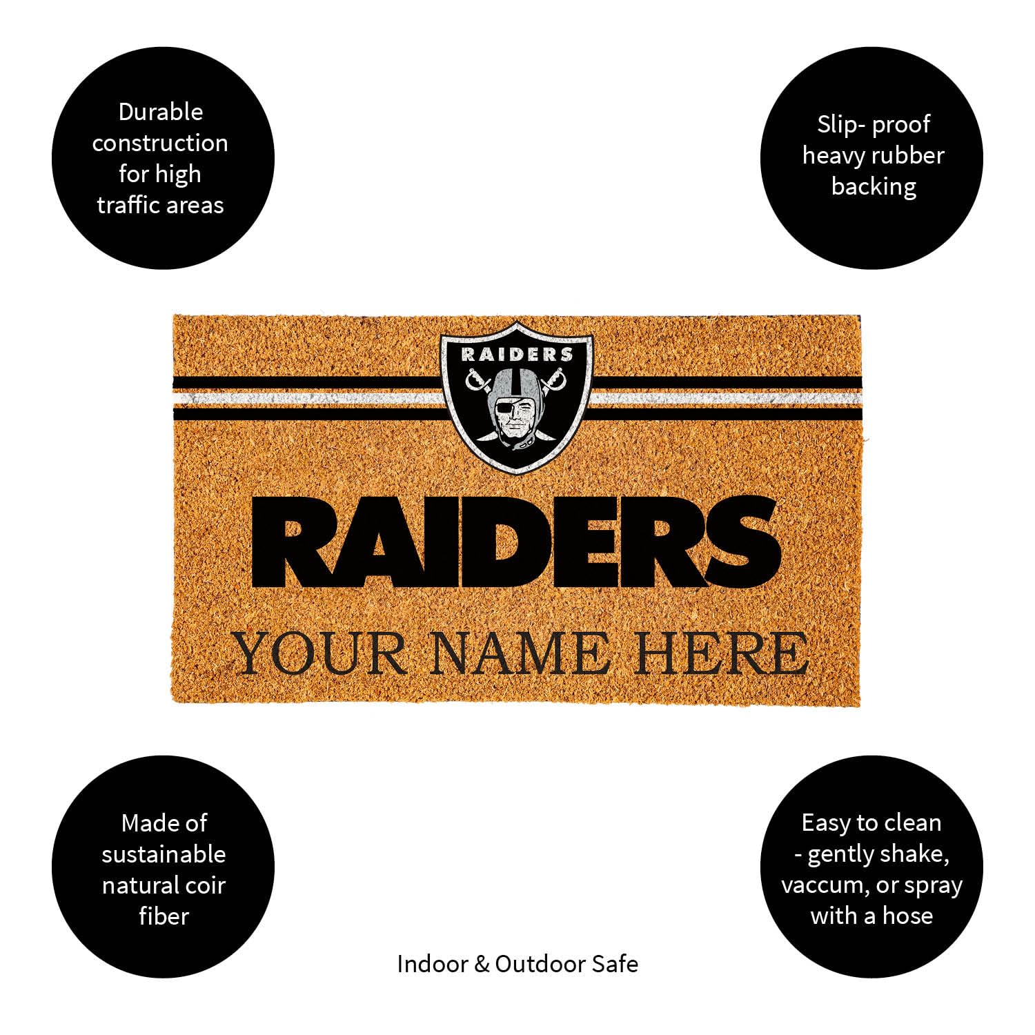 Team Sports America NFL Las Vegas Raiders Personalized Coir Door Mat, 18 x 30 Inches Custom Name Doormat with Non Slip Back, Front Door Welcome Mats - Image 5