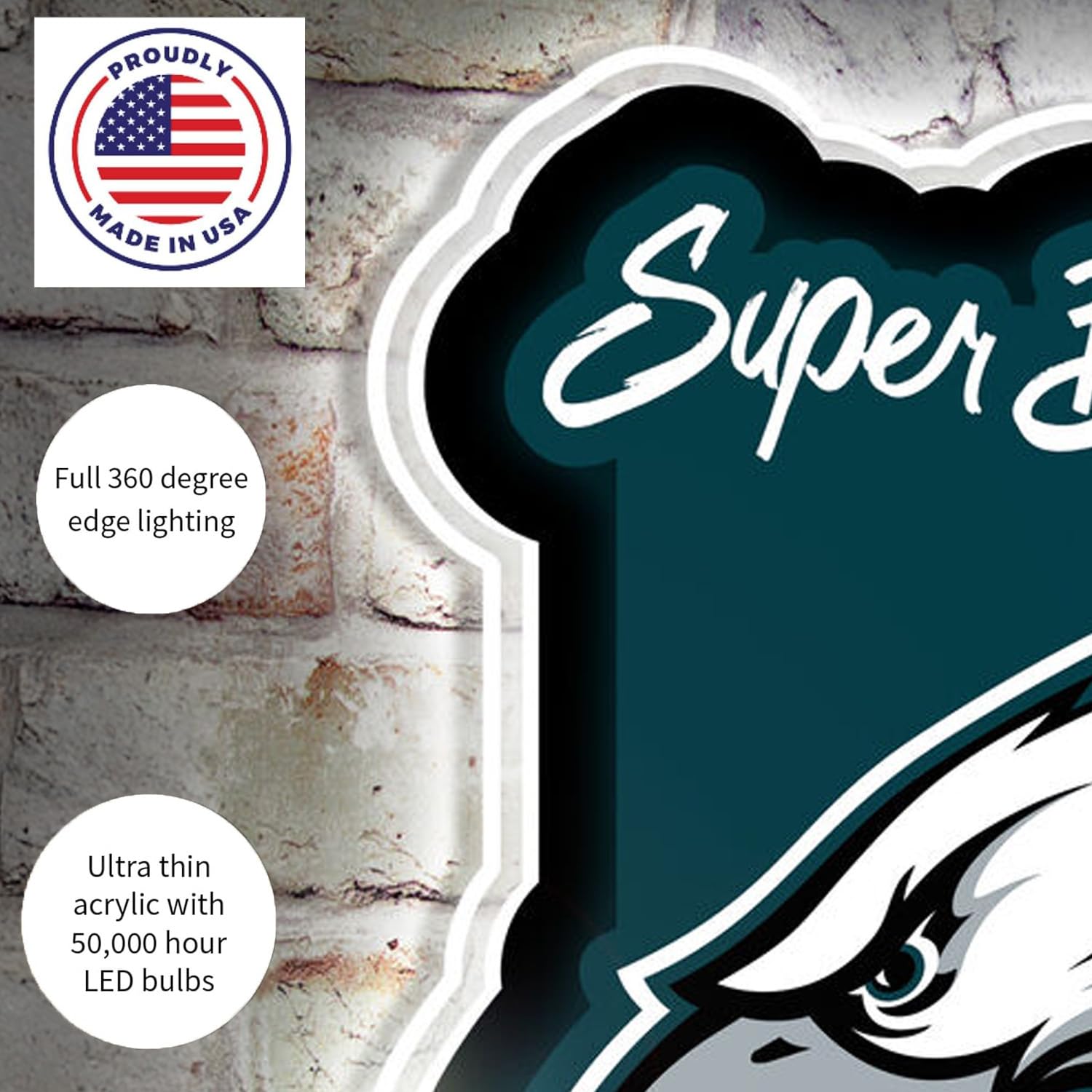 Team Sports America NFL Philadelphia Eagles 2025 Superbowl 59 Championship | Ultra-Thin LED Light Wall Sign | Made in USA | Football Fan Décor for Office, Living, Game or Bedroom (23" Shaped Logo) - Image 3