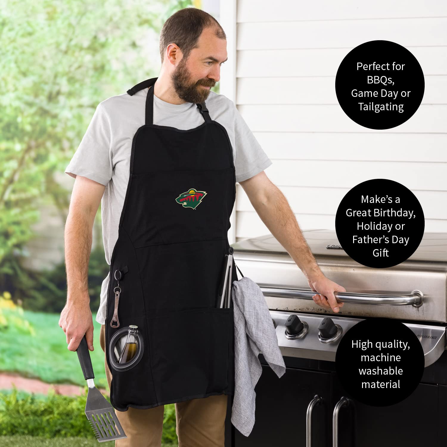 Team Sports America Outdoor NHL Black Grilling Apron | Minnesota Wild | Made of Durable Cotton | Beverage Opener and Multi-Tool | Sports and Tailgaiting Apparel - Image 5