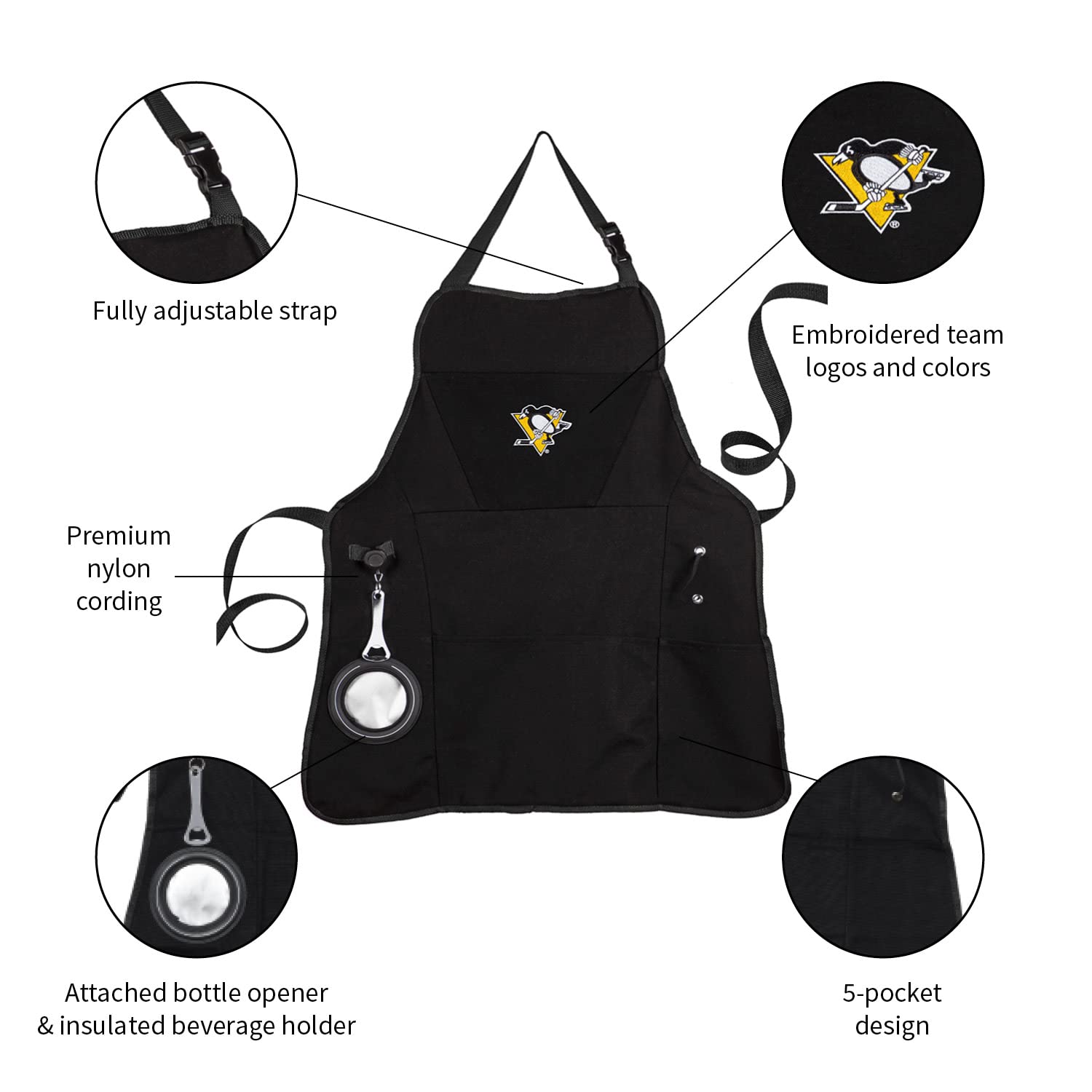 Team Sports America Outdoor NHL Black Grilling Apron | Pittsburgh Penguins | Made of Durable Cotton | Beverage Opener and Multi-Tool | Sports and Tailgaiting Apparel - Image 3